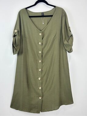 Emery Rose 1XL Olive Green Button Front Dress Tunic Rolled Sleeve Minimalist